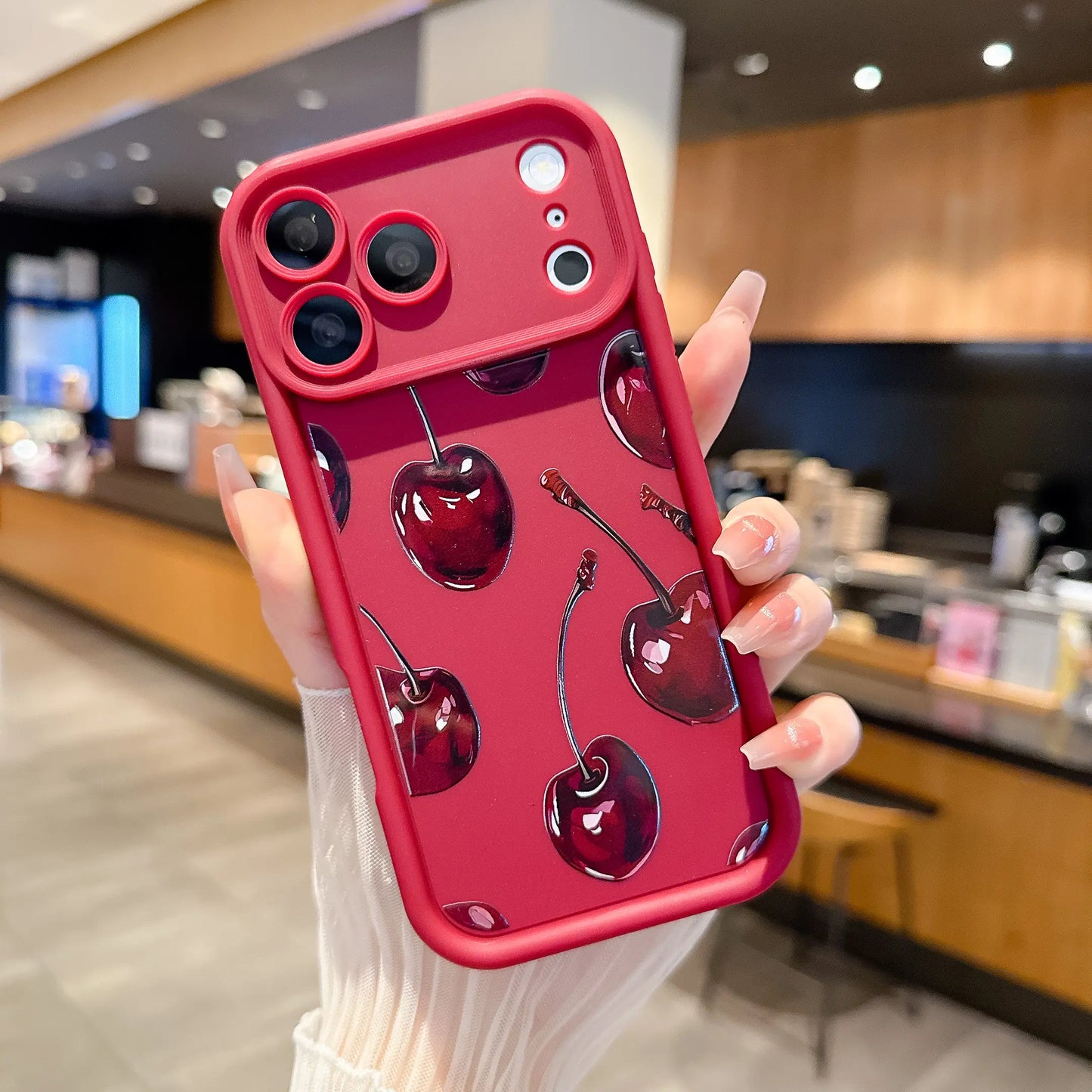 Cherry Pattern Phone Case, Full Coverage Non-Slip Drop-Proof Protective Case, Soft TPU Shell, Dopamine Color Scheme Phone Cover, Korean Minimalist Phone Case Compatible with Iphone 17/16/15/14/13/12/11 Pro Max