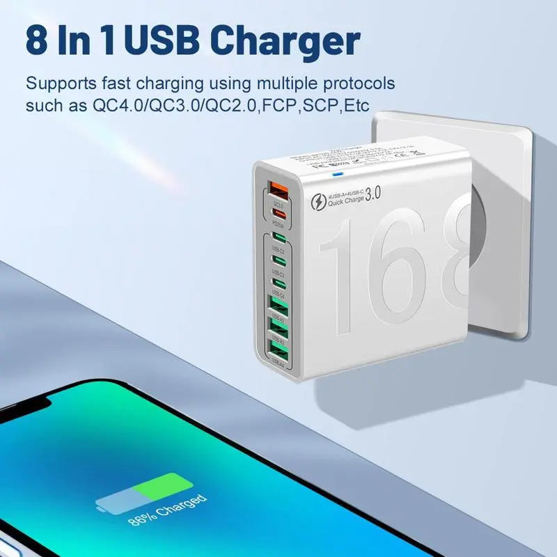 8-Port Fast Charging USB Hub with 4 USB-C and 4 USB-A Ports for Phones, Tablets, and More