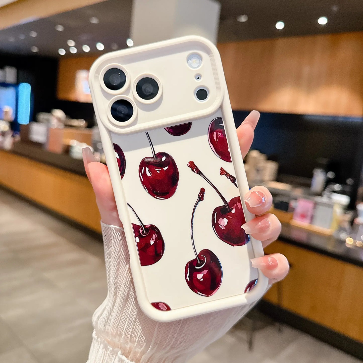 Cherry Pattern Phone Case, Full Coverage Non-Slip Drop-Proof Protective Case, Soft TPU Shell, Dopamine Color Scheme Phone Cover, Korean Minimalist Phone Case Compatible with Iphone 17/16/15/14/13/12/11 Pro Max