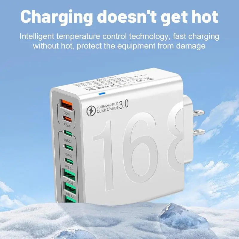 8-Port Fast Charging USB Hub with 4 USB-C and 4 USB-A Ports for Phones, Tablets, and More